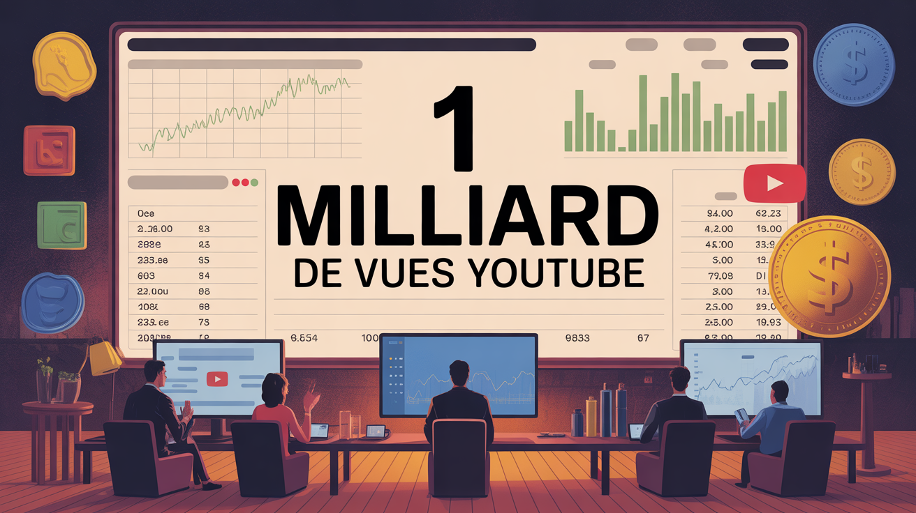 Tableau de bord digital montrant 1 milliard de vues YouTube et revenus
