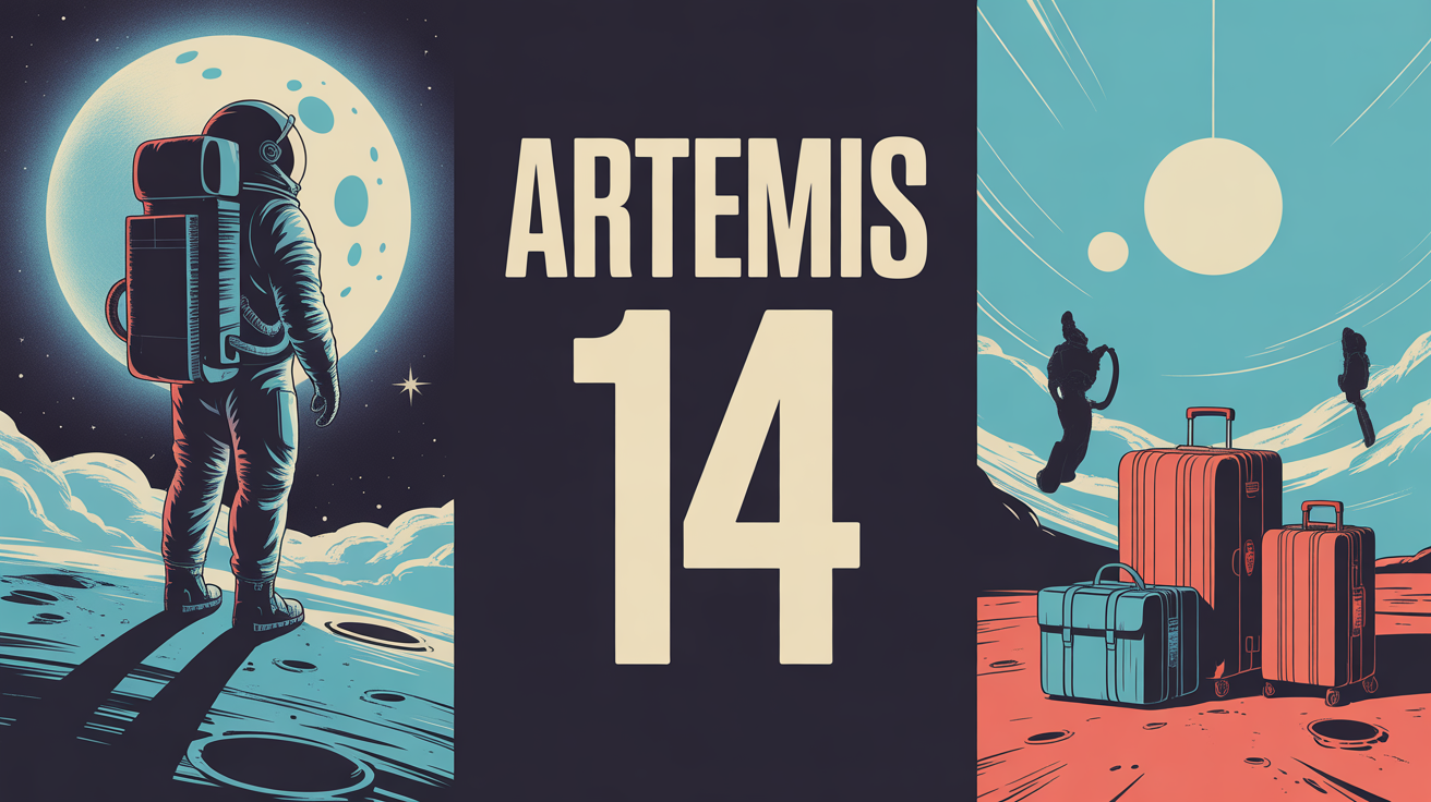 Silhouette astronaute lune et cartons valises Artemis 14