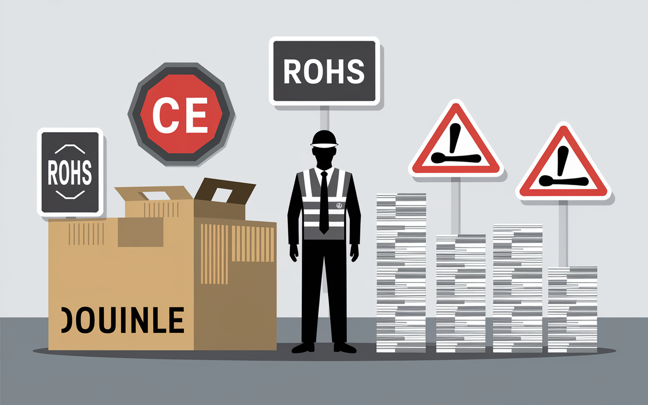 Scène contrôle douanier carton labels CE RoHS