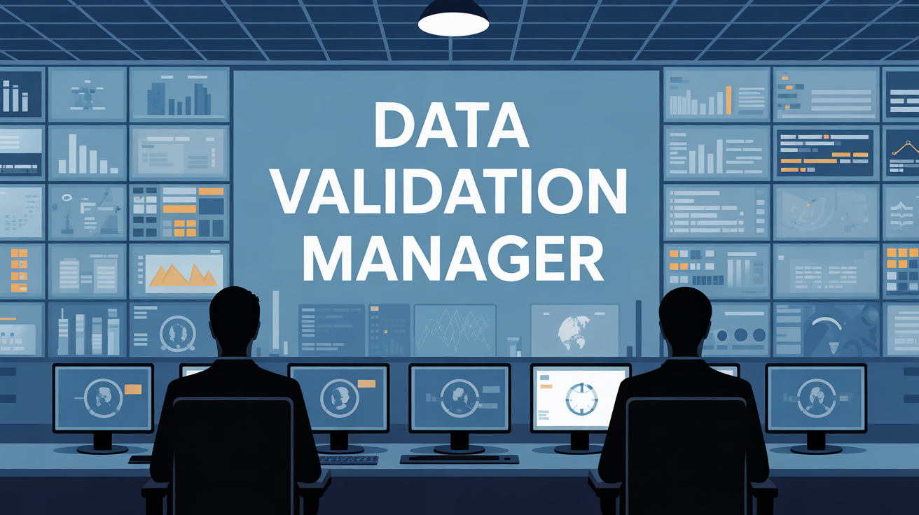 data validation manager silhouettes devant ecrans de donnees