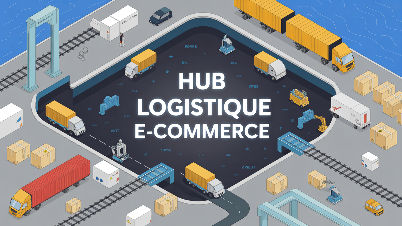 Illustration d'un hub logistique e-commerce moderne avec routes, rails, fluvial, robots, colis