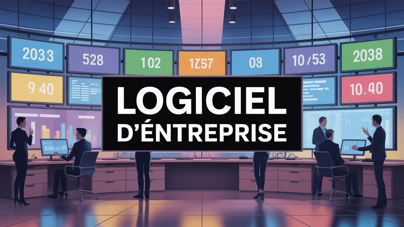 Bureau moderne logiciel d'entreprise avec tableaux de bord numériques