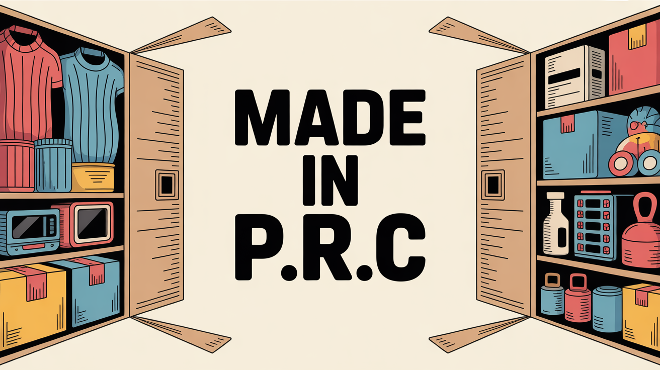 Illustration d'un carton avec produits importés et texte Made in P.R.C
