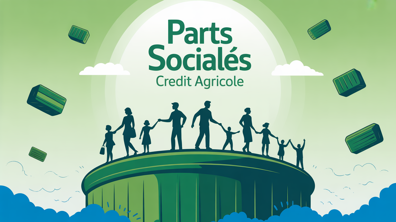 Silhouettes famille entrepreneurs autour tirelire verte parts sociales Credit Agricole