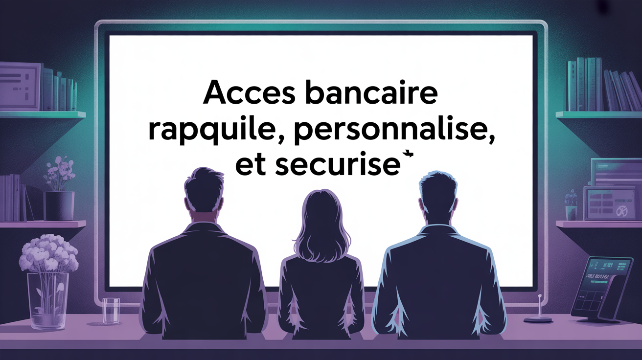 Famille et conseiller devant ecran pour acces bancaire rapide personnalise et securise