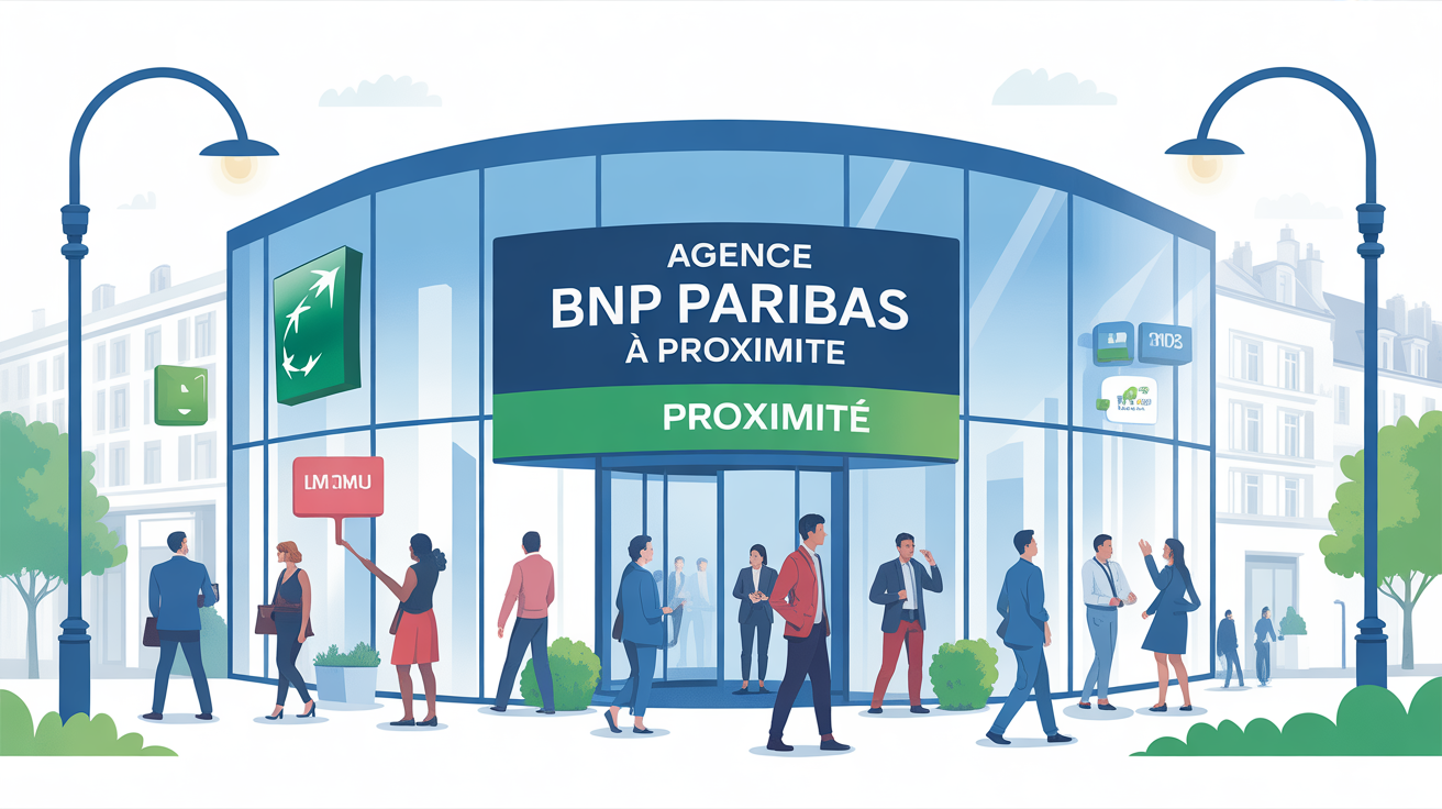 Facade agence BNP Paribas personnes devant