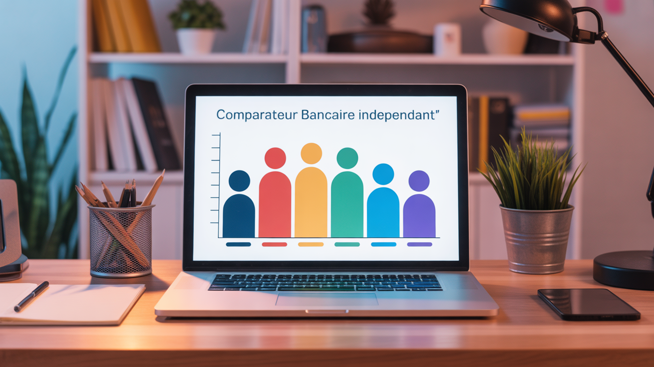 Scène bureau avec graphique comparateur bancaire indépendant