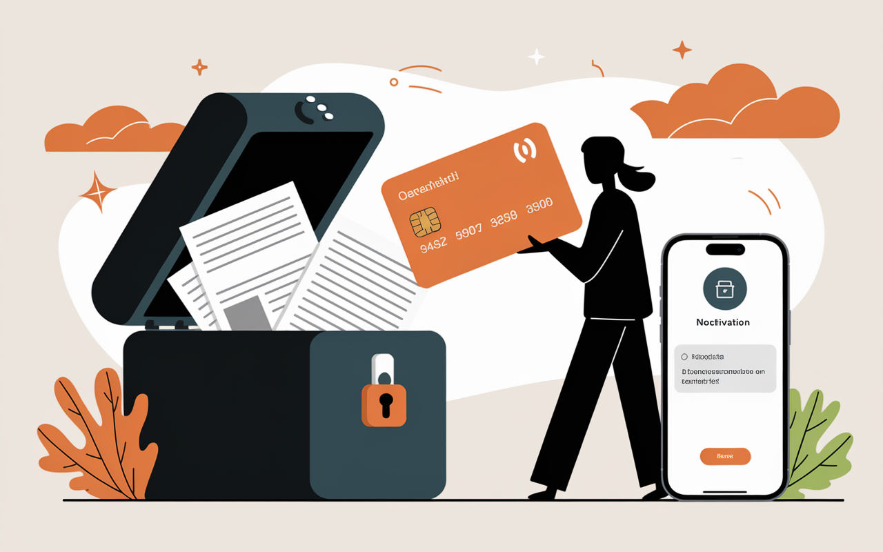 Coffre-fort ouvert, carte bancaire, notification de compte La Poste
