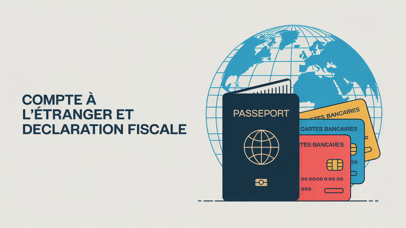 Illustration passeport et cartes bancaires internationales autour du globe, déclaration fiscale