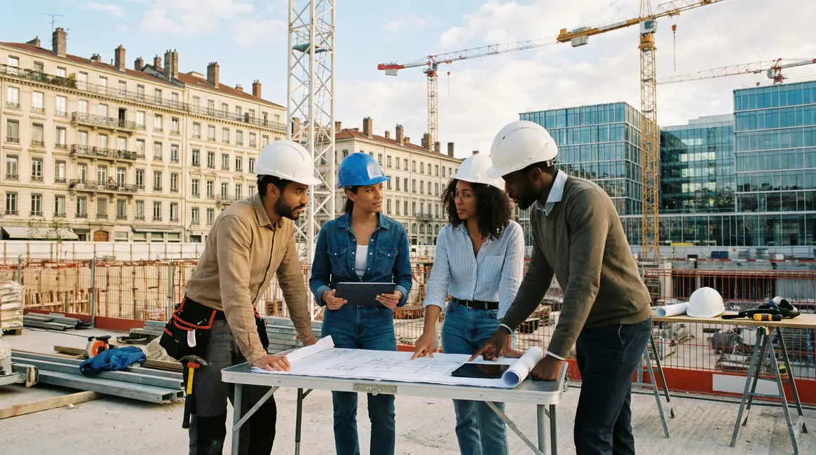 Ingenieurs sur chantier Lyon collaborant plans structure