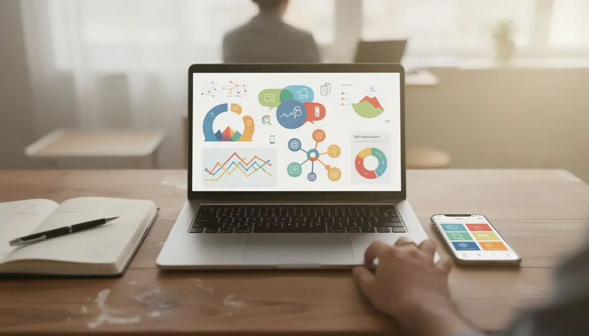 Bureau avec ordinateur affichant outils SEO et collaboration