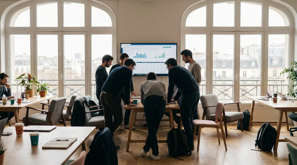 Scène de bureau français avec graphiques et tableaux business