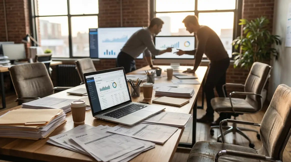 Bureau PME piles factures tableau financier gestion 2024