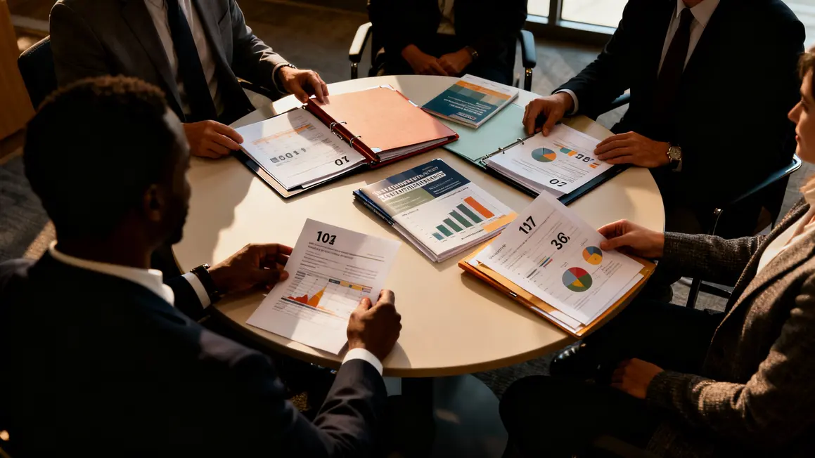 Managers partageant des guides et tableaux business