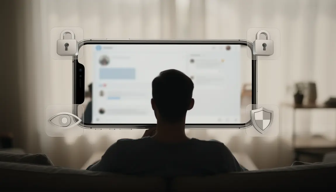 Silhouette devant smartphone, icônes cadenas et œil, protection Instagram