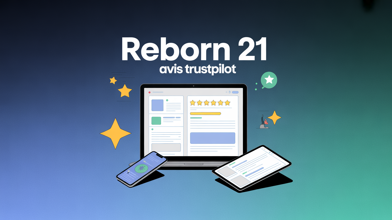 Page avis consommateurs Reborn 21 Trustpilot sur ordinateur avec symboles satisfaction