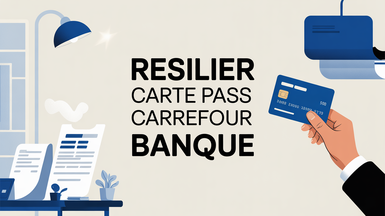 Resilier carte Pass Carrefour Banque : illustration bureau et carte decoupee
