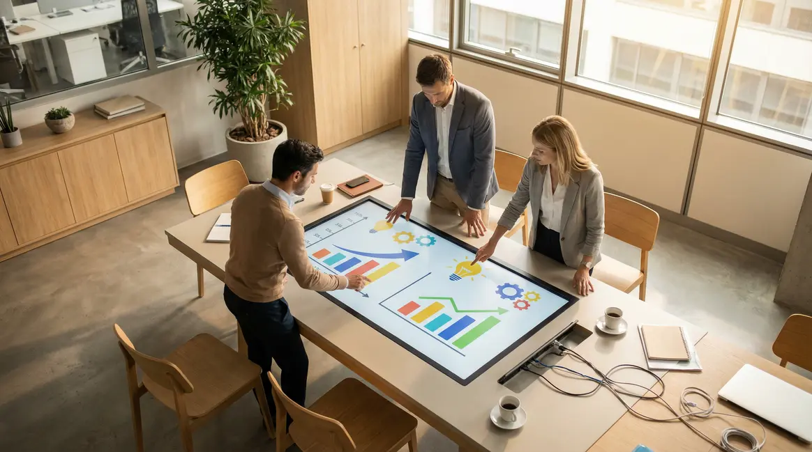 Salle réunion startup moderne avec écrans interactifs et graphiques croissance