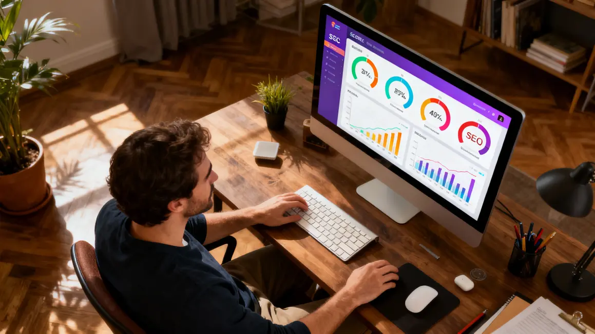 Utilisateur devant dashboard scoring SEO