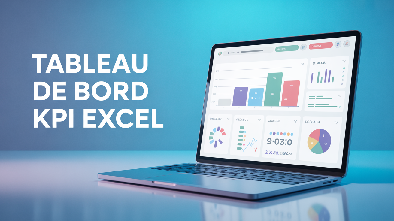 Tableau de bord KPI Excel affiché sur ordinateur portable avec graphiques colorés