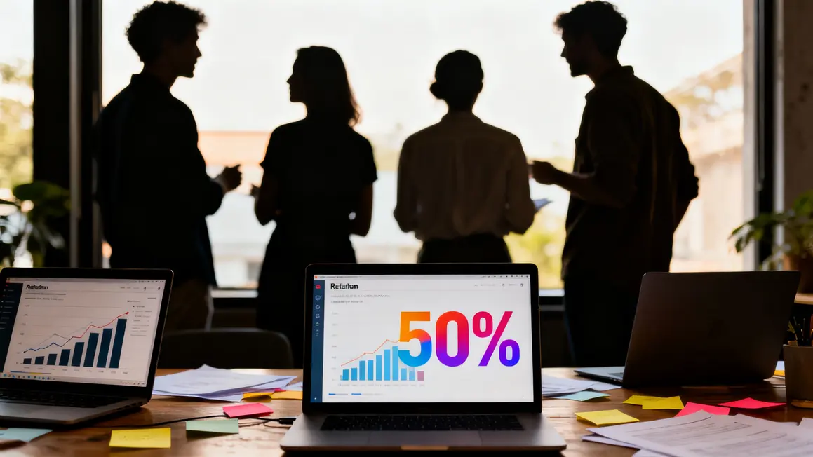 Test utilisateur startup avec laptops, graphiques rétention 50 pourcent