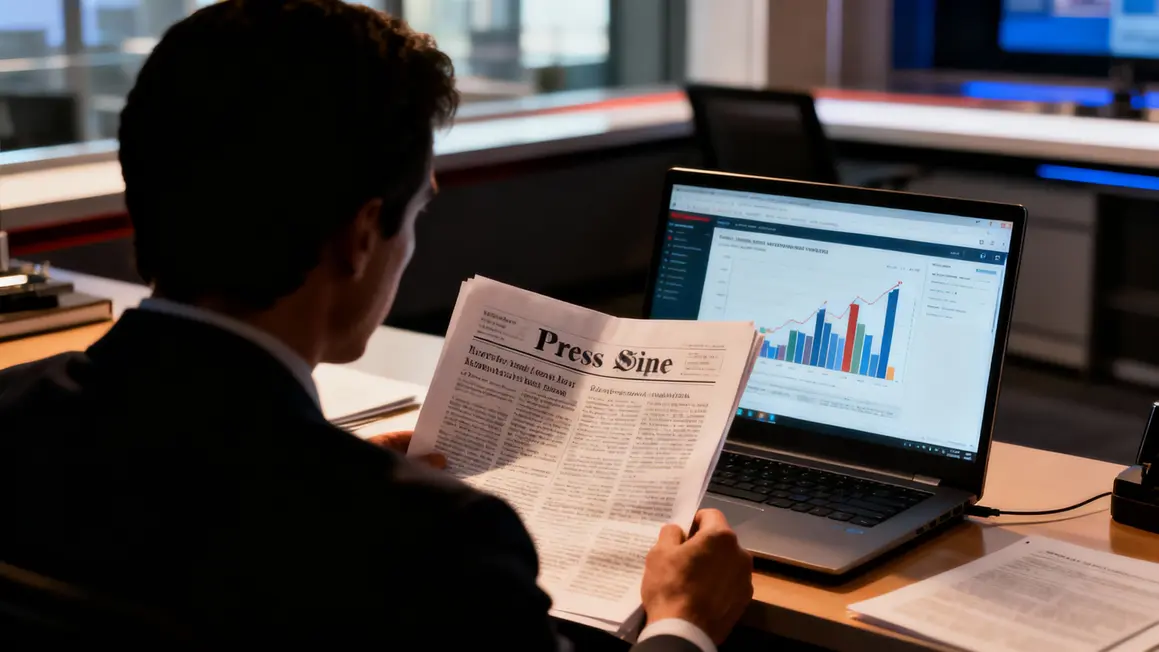 Journaliste consulte dossier de presse informatique