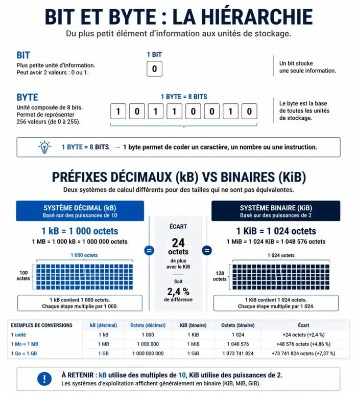 Infographie explicative sur la différence entre bit, byte et les unités de mesure informatique