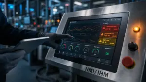 Human-machine interfaces : technicien contrôle une IHM et supervise des alarmes
