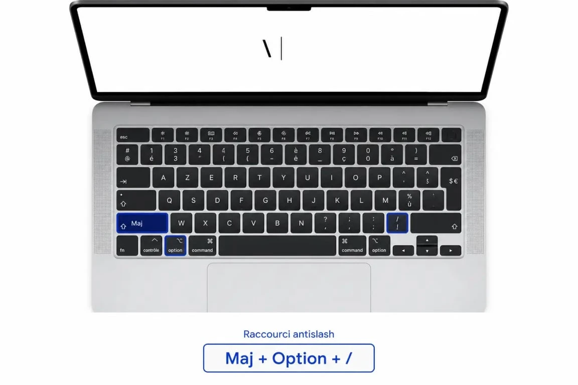 Antislash mac sur clavier MacBook avec les touches Maj, Option et / mises en évidence
