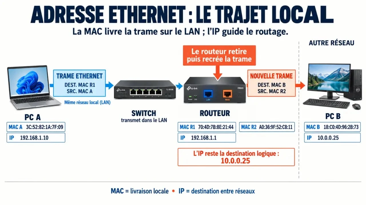 Schéma du rôle d'une adresse Ethernet et de la différence entre adresse MAC et adresse IP