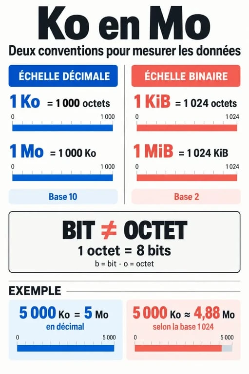 Schéma de conversion ko en mo entre bases décimale et binaire