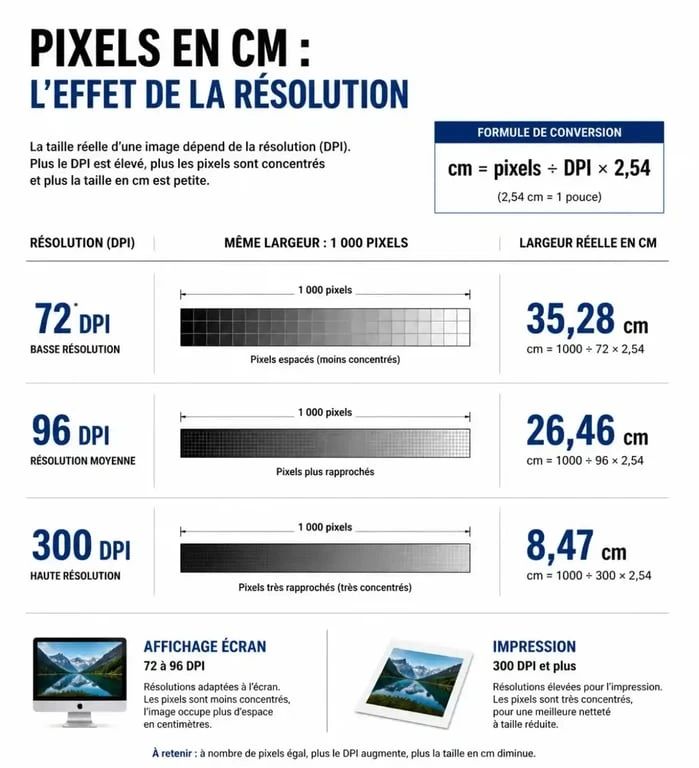 Infographie pixel en cm : conversion de 1 000 pixels à 72, 96 et 300 DPI